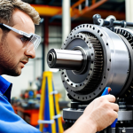 **

Prompt: Industrial robot maintenance worker inspecting a gearbox, wearing safety glasses, with a blurred factory background. Focus on the detail of the gearbox.
**