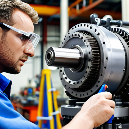 Home 11 **
Prompt: Industrial robot maintenance worker inspecting a gearbox, wearing safety glasses, with a blurred factory background. Focus on the detail of the gearbox.
**