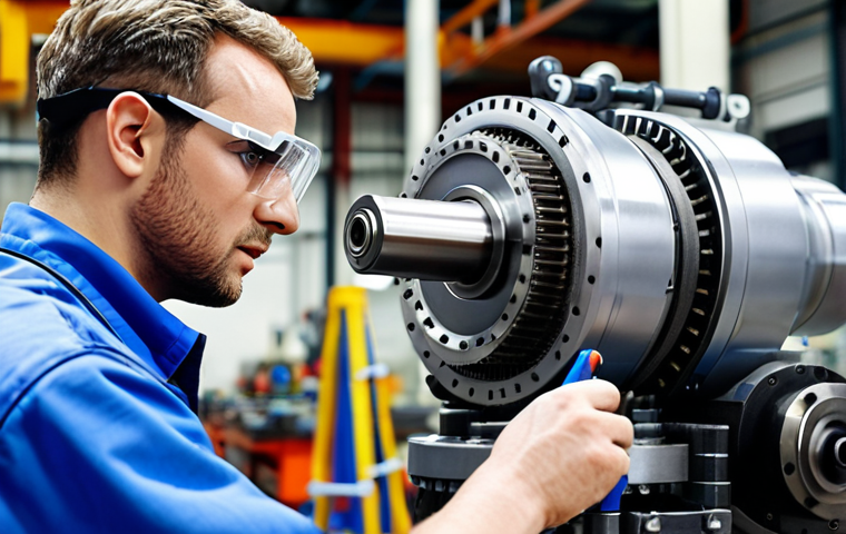 **
Prompt: Industrial robot maintenance worker inspecting a gearbox, wearing safety glasses, with a blurred factory background. Focus on the detail of the gearbox.
**